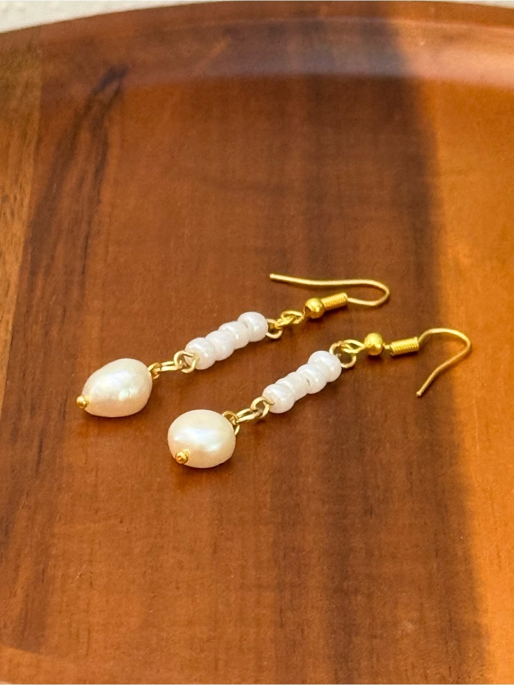Delicate White Pearl Dangle Earrings with Gold Hooks - Women Jewelry